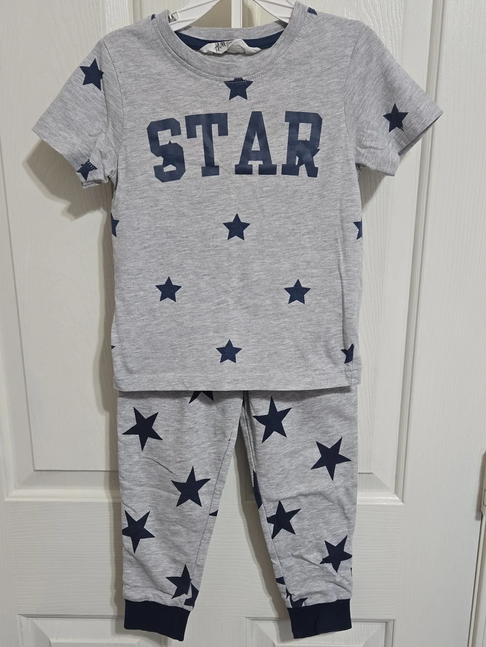 H&M grey and blue stars short sleeve shirt and jogger pants outfit